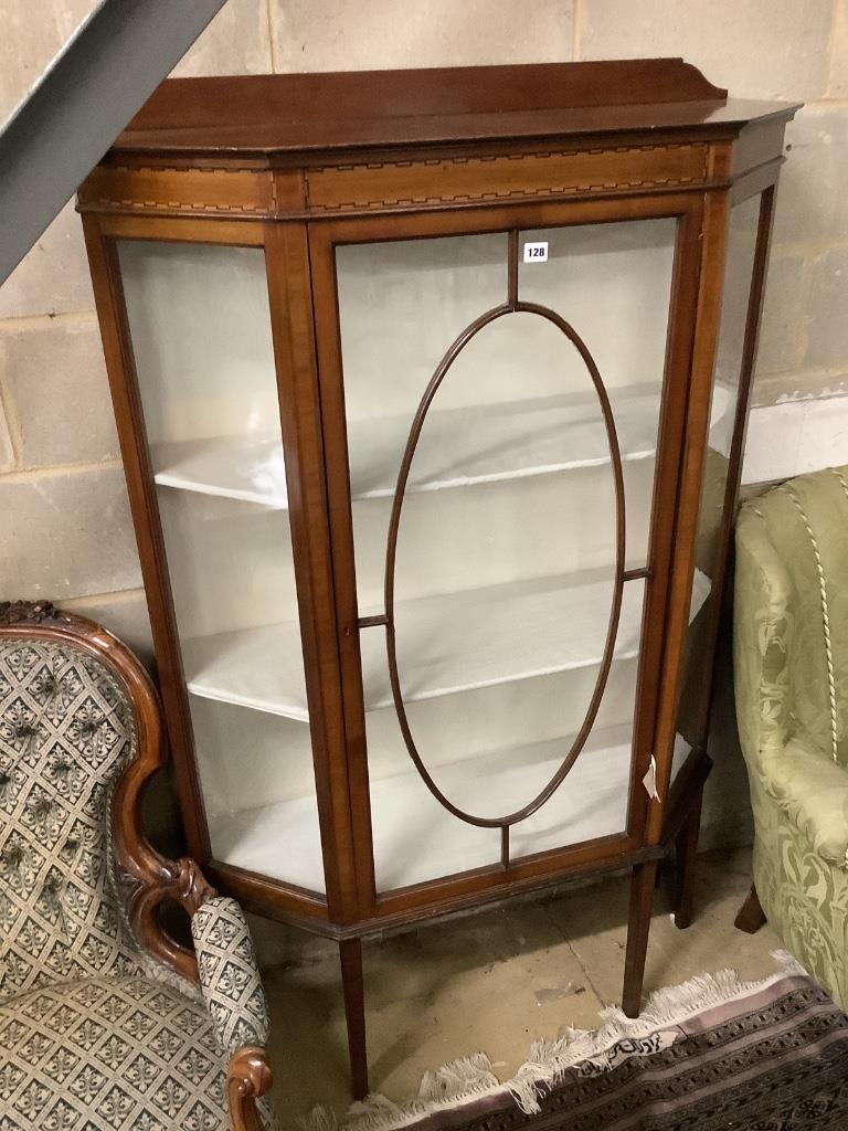 An Edwardian inlaid display cabinet fitted two shelves, width 103cm depth 37cm height 168cm